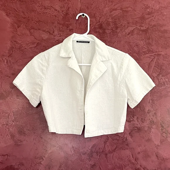 Brandy Melville Girls White Button-up Cropped Polo Short Sleeve